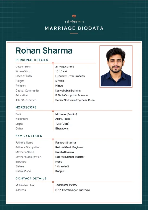 Modern Grid modern marriage biodata design in Teal Coral, with a photo