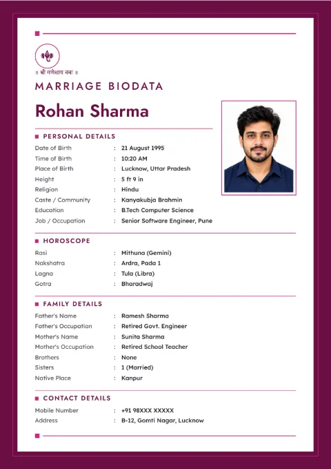 Monochrome Ink modern marriage biodata design in Rani Pink, with a photo