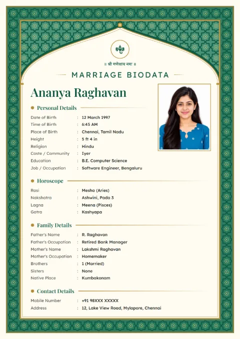 Mughal Jali marriage biodata design in Emerald, with a photo