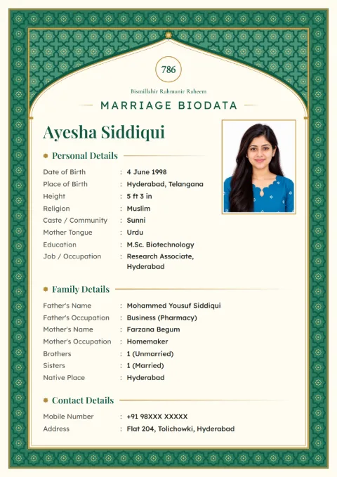 Mughal Jali marriage biodata design in Emerald, for Muslim families, with a photo