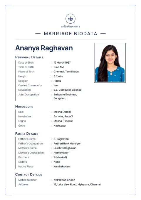 Navy Line modern marriage biodata design in Navy, with a photo