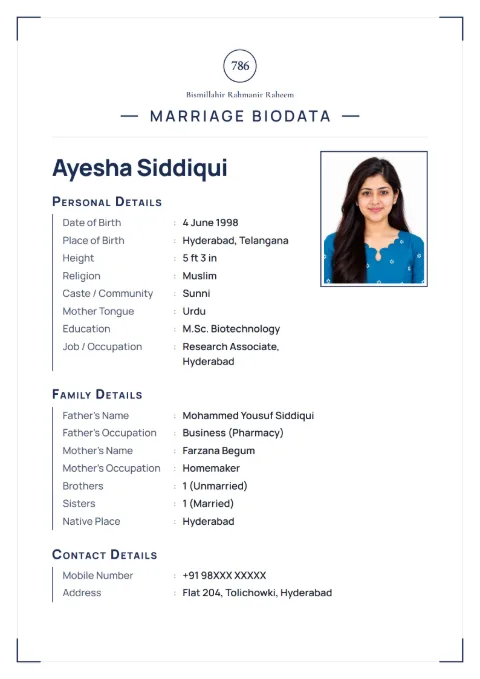 Navy Line modern marriage biodata design in Navy, for Muslim families, with a photo