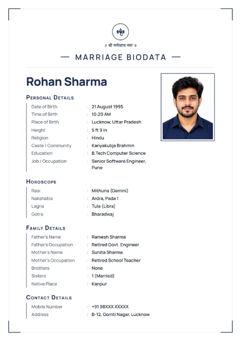 Navy Line modern marriage biodata design in Navy, with a photo