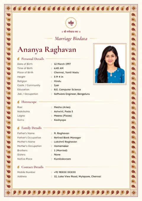 Paisley Border marriage biodata design in Maroon Gold, with a photo