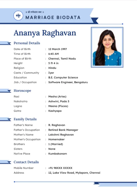 Pale Banner modern marriage biodata design in Sky Blue, with a photo