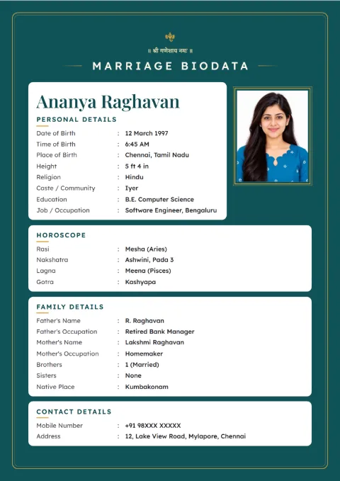 Paper Card modern marriage biodata design in Teal Gold, with a photo