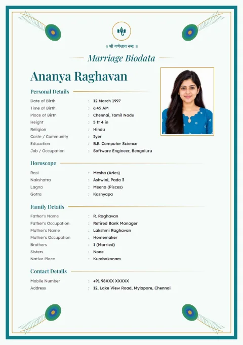 Peacock Grace South Indian marriage biodata design in Peacock, with a photo