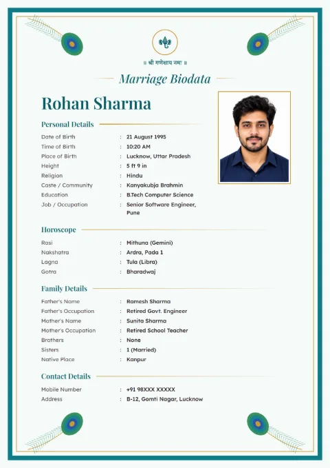 Peacock Grace South Indian marriage biodata design in Peacock, with a photo