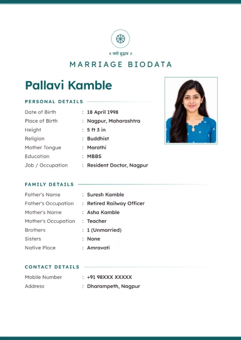 Pearl Minimal modern marriage biodata design in Teal, for Buddhist families, with a photo