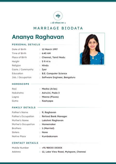 Pearl Minimal modern marriage biodata design in Teal, with a photo