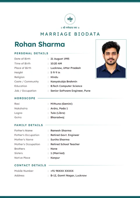 Pearl Minimal modern marriage biodata design in Teal, with a photo