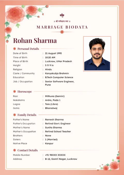 Peony Wash floral marriage biodata design in Coral Maroon, with a photo