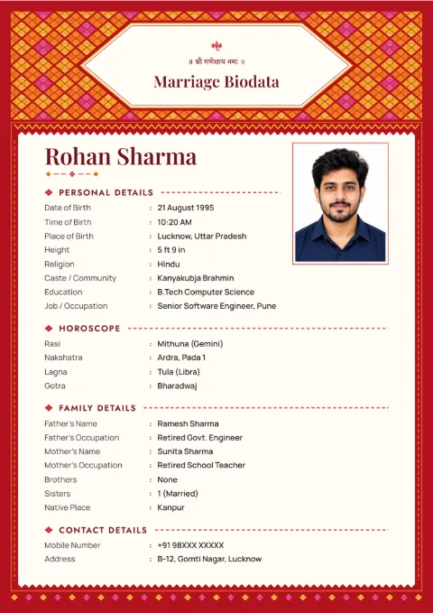Phulkari Crown marriage biodata design in Kumkum Red, with a photo