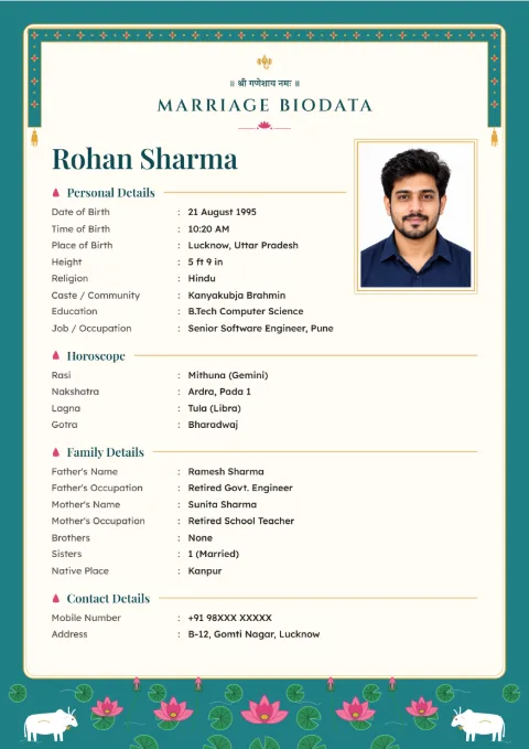 Pichwai Kamal floral marriage biodata design in Peacock Teal, with a photo