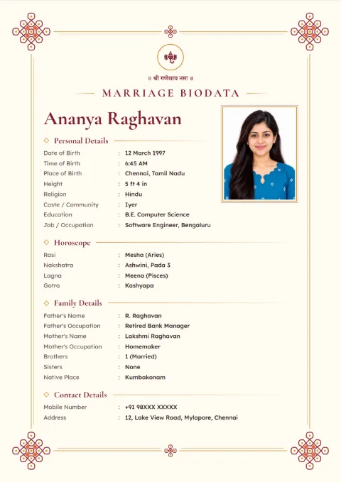 Rangoli Corners South Indian marriage biodata design in Maroon Saffron, with a photo