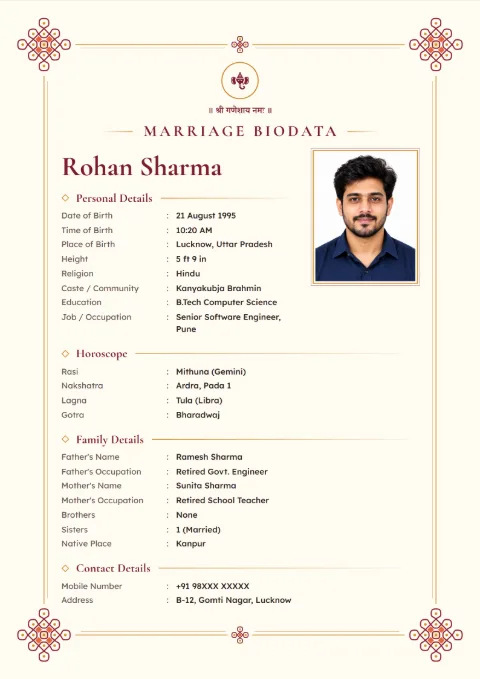 Rangoli Corners South Indian marriage biodata design in Maroon Saffron, with a photo