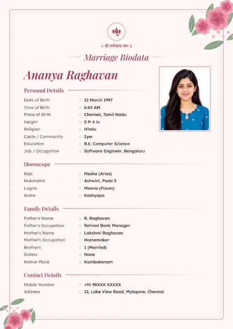 Rose Garden floral marriage biodata design in Blush, with a photo