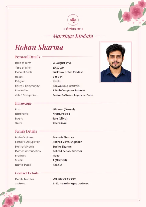 Rose Garden floral marriage biodata design in Blush, with a photo
