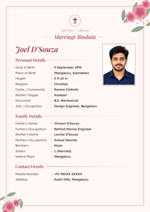 Rose Garden floral marriage biodata design in Blush, for Christian families, with a photo
