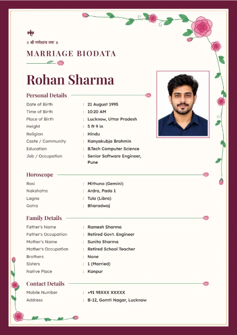 Rose Vine floral marriage biodata design in Garnet Rose, with a photo