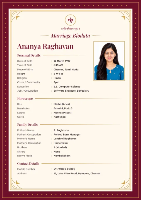 Royal Maroon marriage biodata design in Maroon, with a photo
