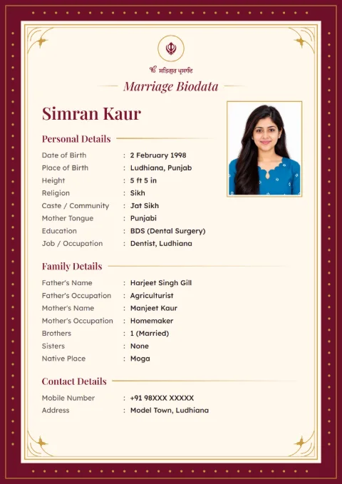 Royal Maroon marriage biodata design in Maroon, for Sikh families, with a photo