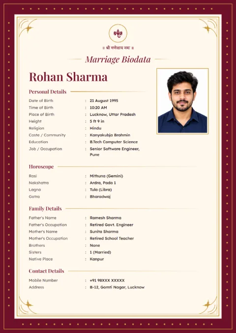 Royal Maroon marriage biodata design in Maroon, with a photo
