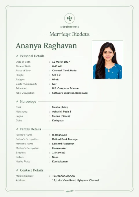 Sage Soft modern marriage biodata design in Sage, with a photo
