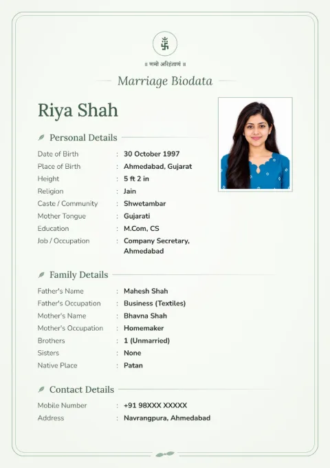 Sage Soft modern marriage biodata design in Sage, for Jain families, with a photo