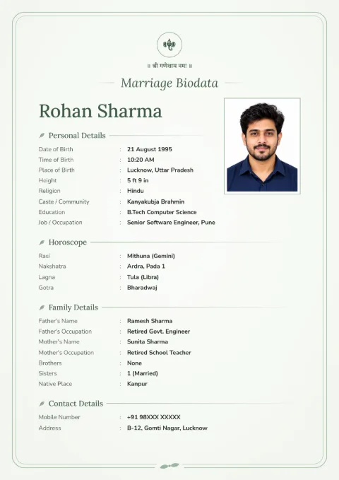 Sage Soft modern marriage biodata design in Sage, with a photo