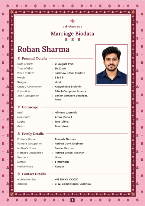Sanganeri Buti floral marriage biodata design in Rani Pink, with a photo