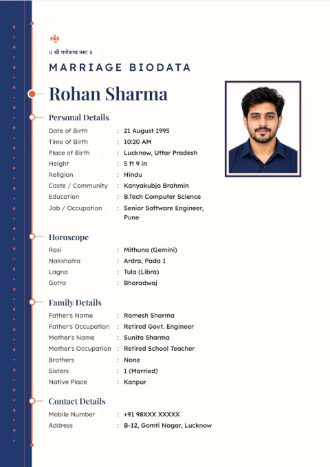 Side Accent modern marriage biodata design in Navy Coral, with a photo