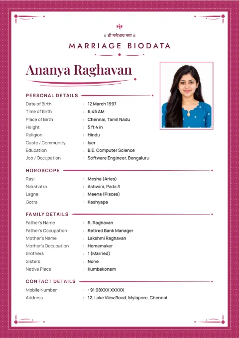 Signature Name modern marriage biodata design in Rani Pink, with a photo