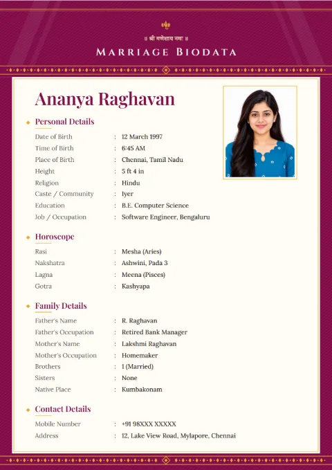 Silk Header modern marriage biodata design in Rani Pink Silk, with a photo