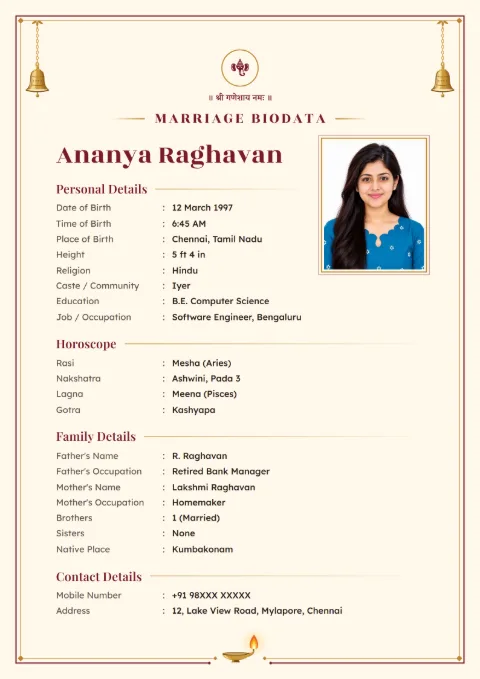 Temple Bell marriage biodata design in Maroon Brass, with a photo