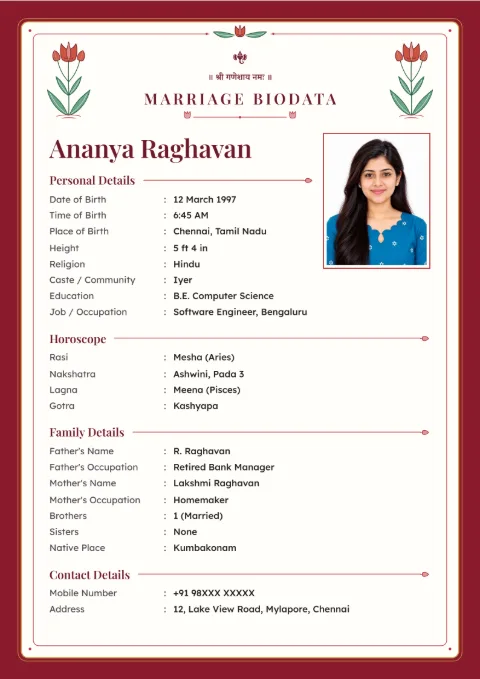 Tulip Stem floral marriage biodata design in Ruby Red, with a photo