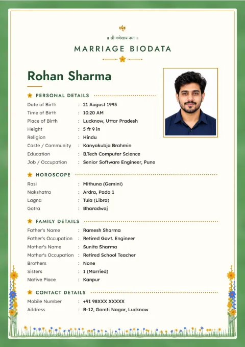 Wildflower Edge floral and modern marriage biodata design in Leaf Green, with a photo