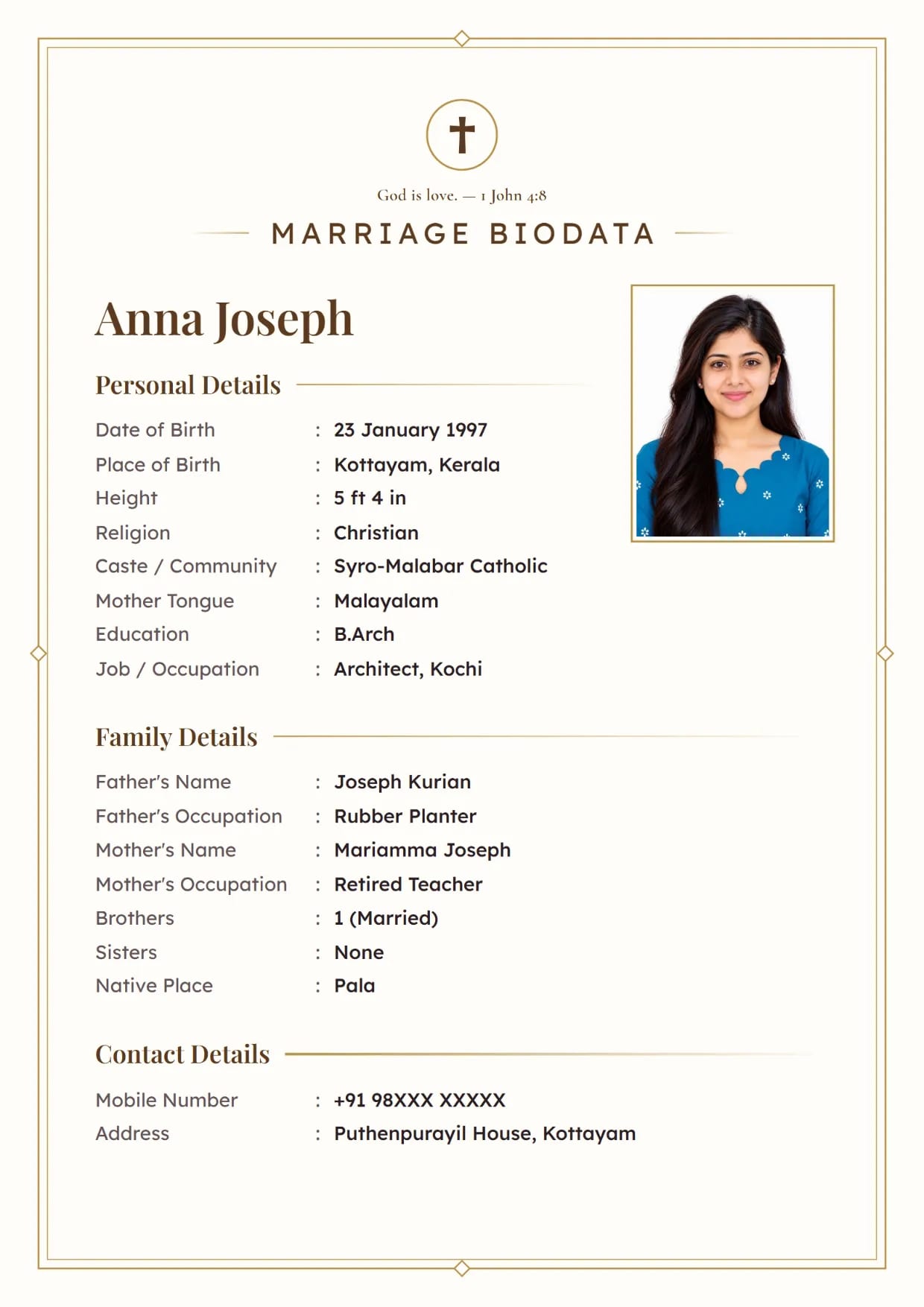 Christian marriage biodata format sample for a girl, Ivory Line design in gold with a cross and a Bible verse at the top