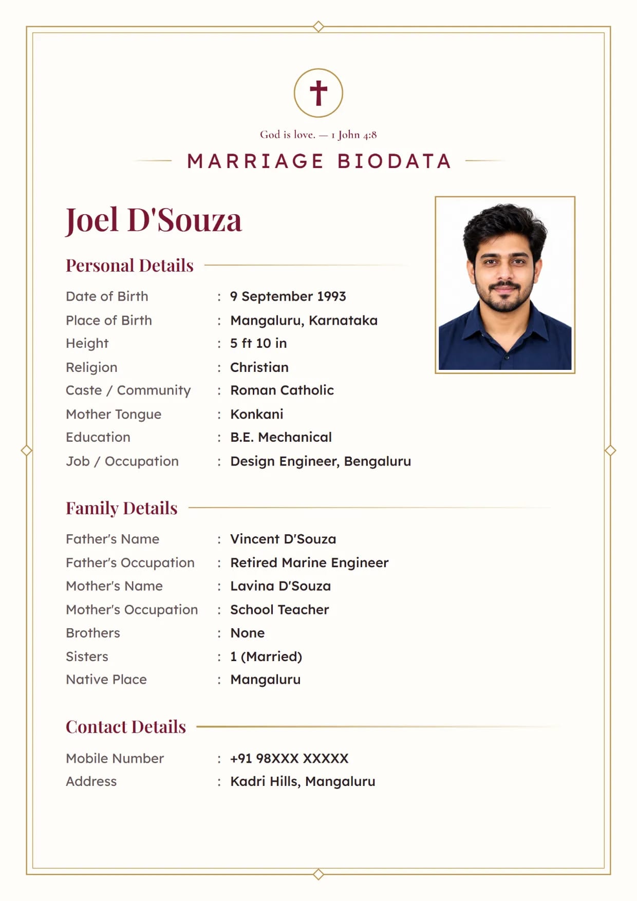 Christian marriage biodata format sample for a boy, Ivory Line design in maroon with a cross and a Bible verse at the top