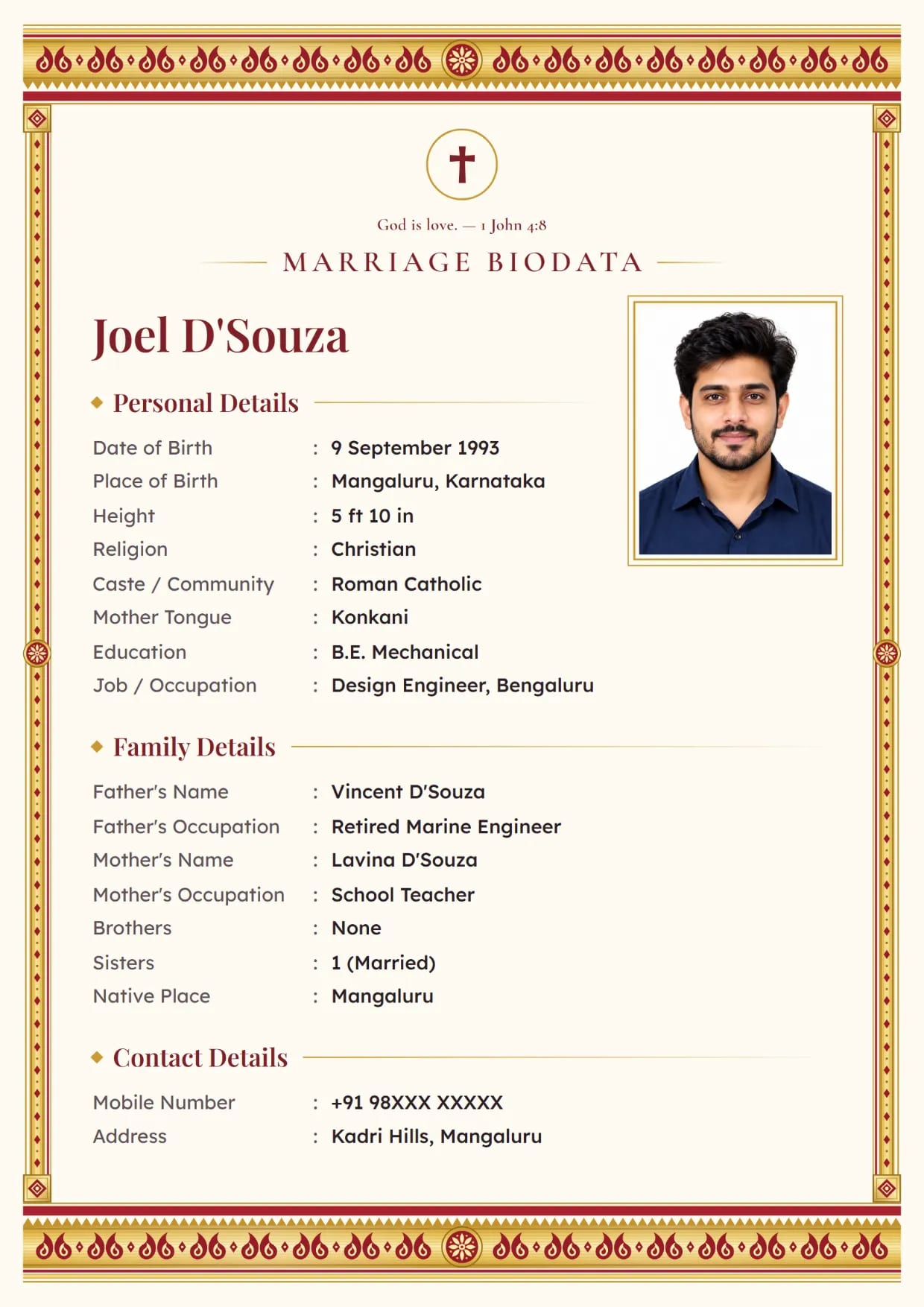 Christian marriage biodata format sample for a boy, Kasavu Gold design in kumkum red with a cross and a Bible verse at the top