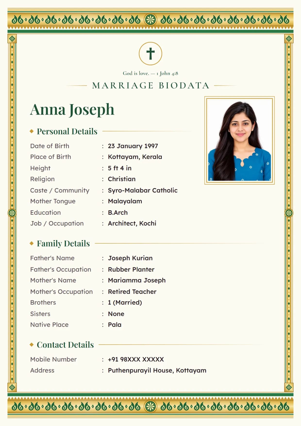 Christian marriage biodata format sample for a girl, Kasavu Gold design in onam green with a cross and a Bible verse at the top