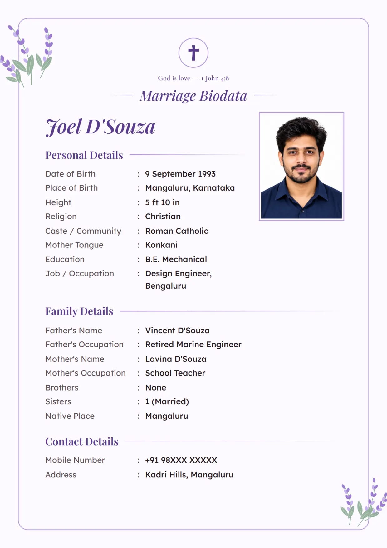 Christian marriage biodata format sample for a boy, Lavender Bloom design in lavender with a cross and a Bible verse at the top