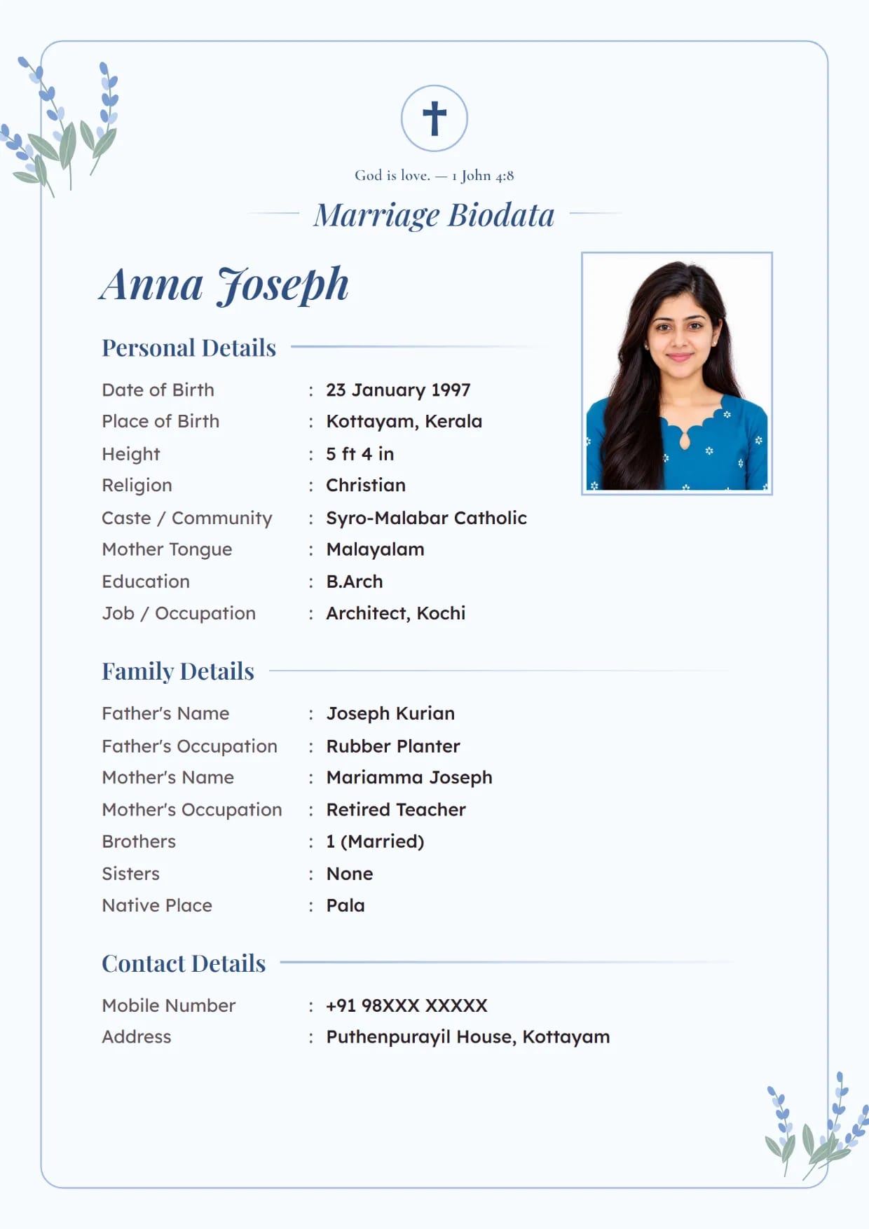 Christian marriage biodata format sample for a girl, Lavender Bloom design in powder blue with a cross and a Bible verse at the top