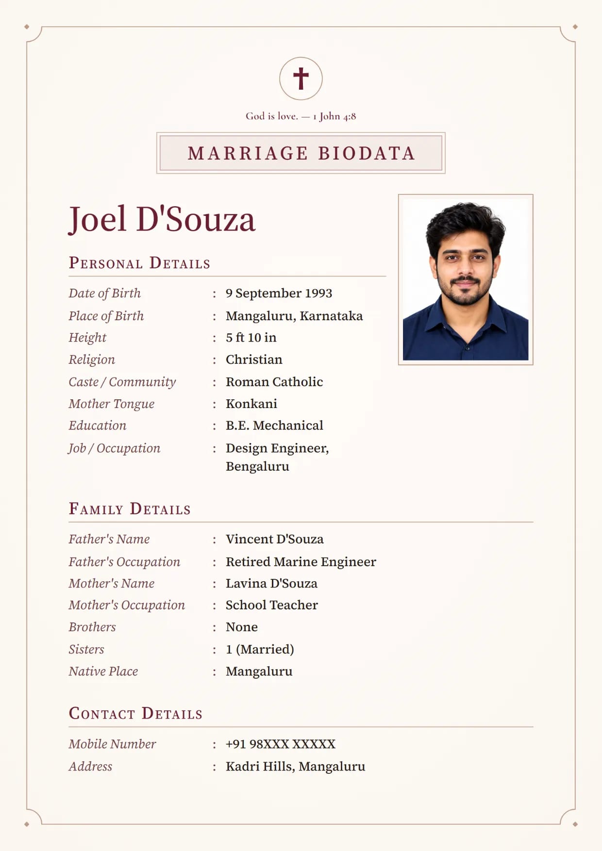 Christian marriage biodata format sample for a boy, Linen Classic design in claret with a cross and a Bible verse at the top