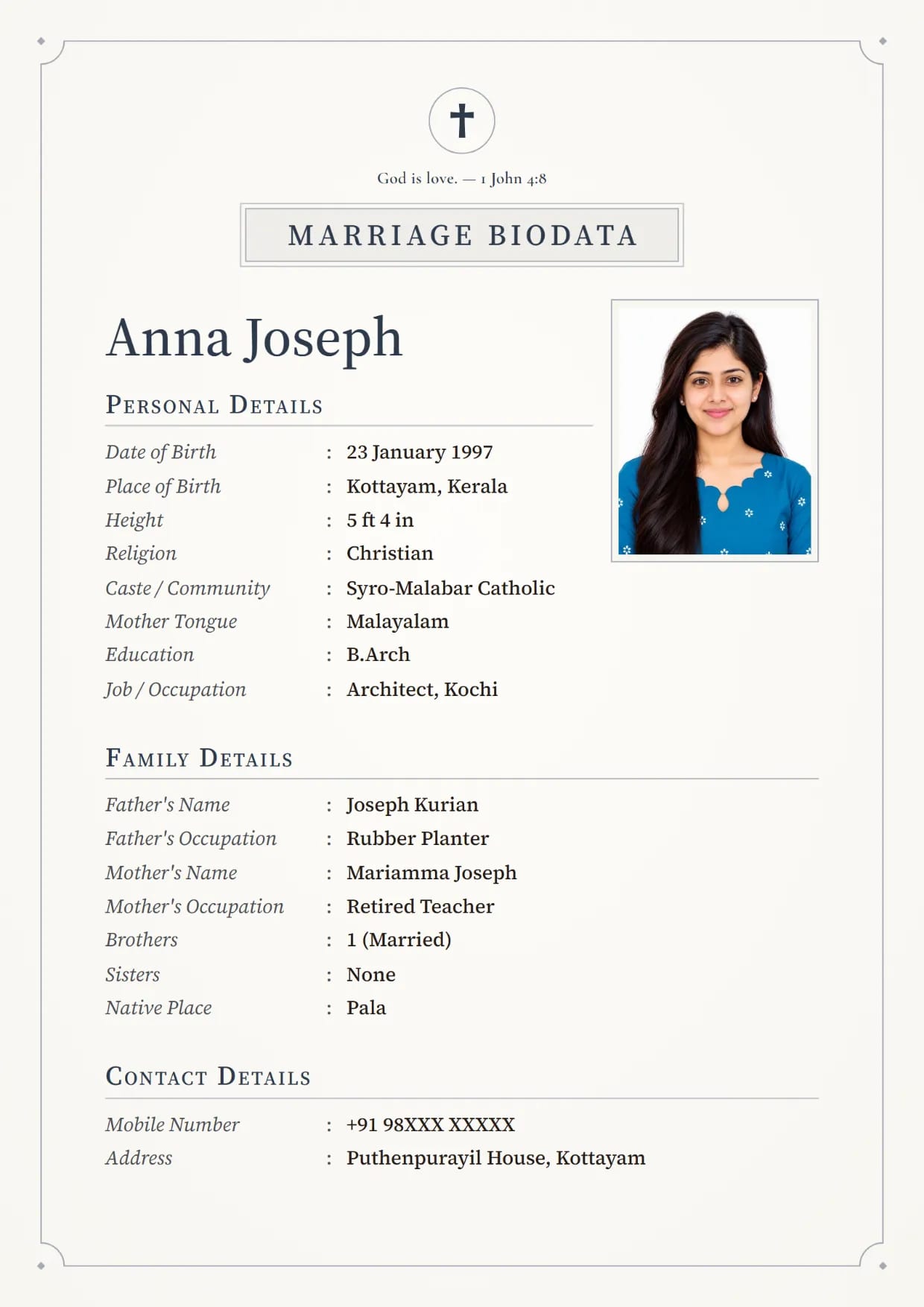 Christian marriage biodata format sample for a girl, Linen Classic design in slate with a cross and a Bible verse at the top