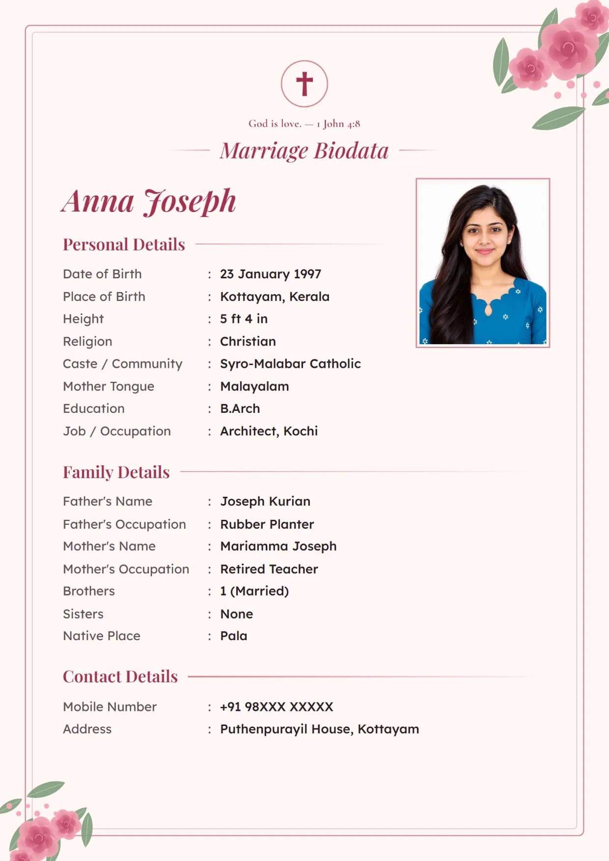 Christian marriage biodata format sample for a girl, Rose Garden design in blush with a cross and a Bible verse at the top