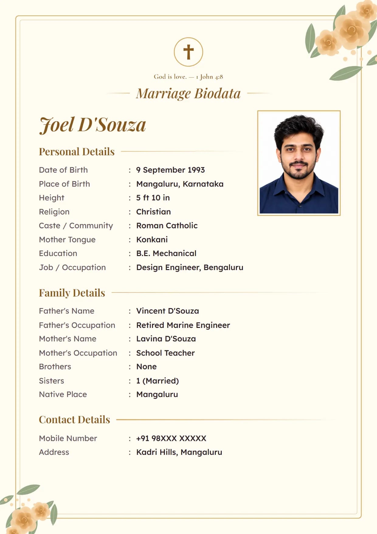 Christian marriage biodata format sample for a boy, Rose Garden design in ivory gold with a cross and a Bible verse at the top