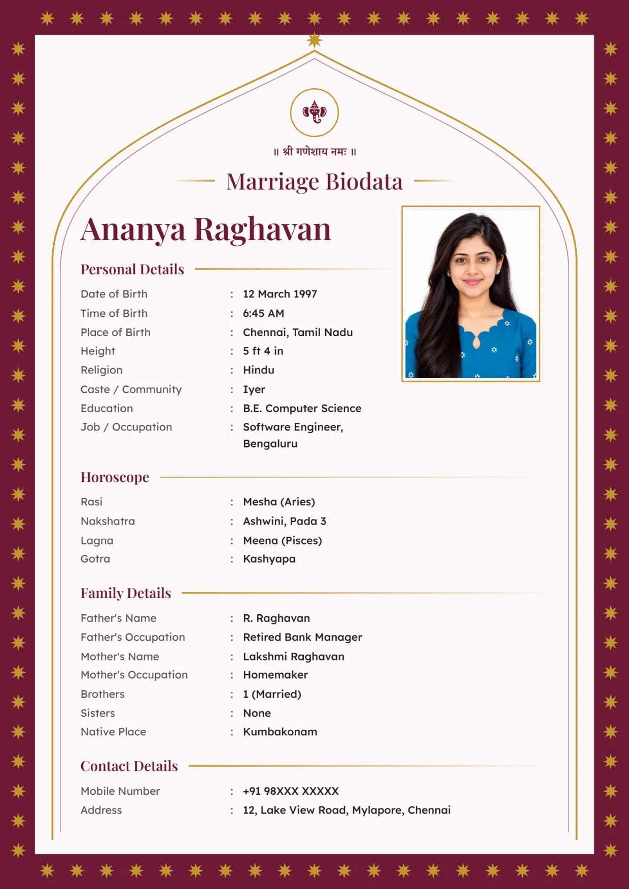 Marriage biodata sample for a girl, Emerald Arch design in burgundy with Ganesh ji at the top