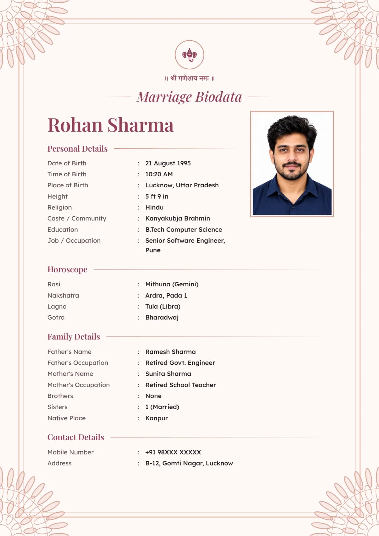 Marriage biodata sample for a boy, Golden Mandala design in rose gold with Ganesh ji at the top