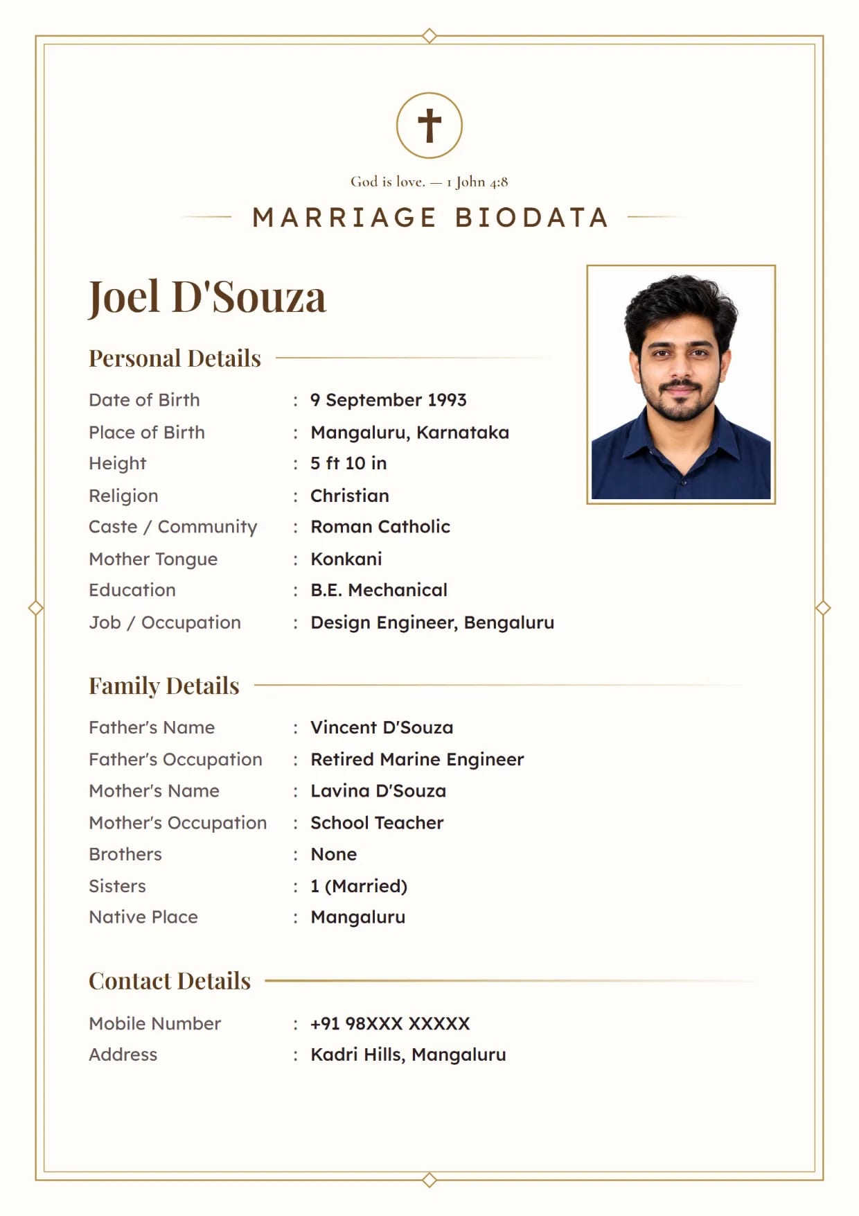 Marriage biodata sample for a Christian boy, Ivory Line design in gold with a cross and a Bible verse at the top
